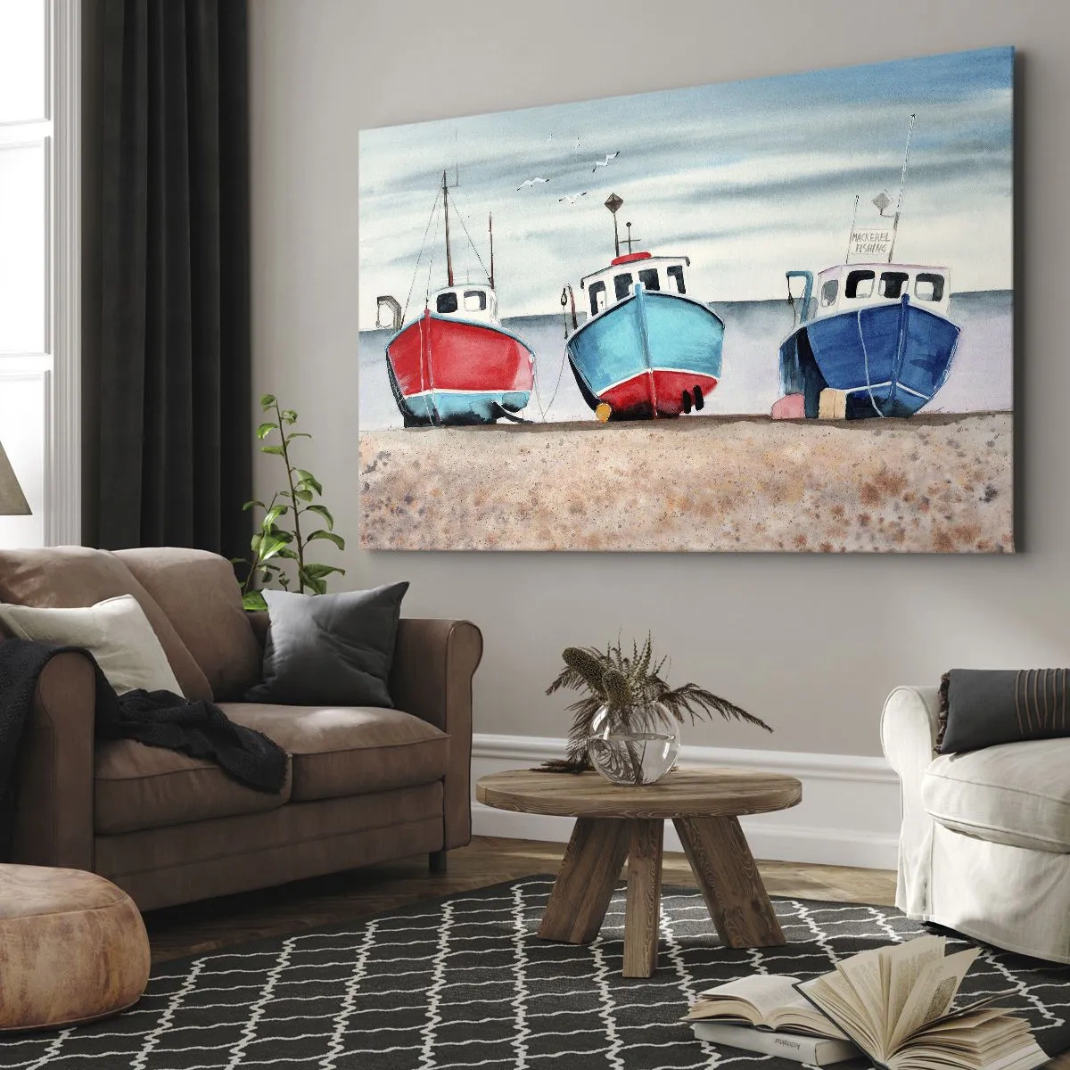 Bild auf Leinwand - Leinwandbild - Bunte Fischerboote am Ufer in einer Meereslandschaft - 70x50cm - Bereit zum Fang - Moderne Wanddekoration für Wohnzimmer und Schlafzimmer ARTTOR
