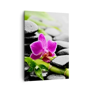 Bild auf Leinwand - Leinwandbild - Lila Orchidee, schwarze Steine und Bambus in einer ruhigen Komposition - 50x70cm - In ruhiger Balance - Moderne Wanddekoration für Wohnzimmer und Schlafzimmer ARTTOR