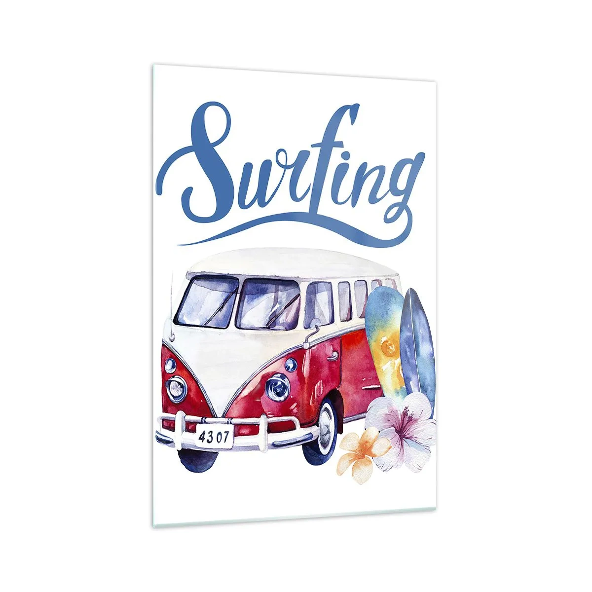 Glasbild - Bild auf glas - Bunte Grafiken mit einem Bus und einem Surfthema - 70x100cm - Gurke - ein Klassiker für einen Surfer - Moderne Wanddekoration für Wohnzimmer und Schlafzimmer ARTTOR