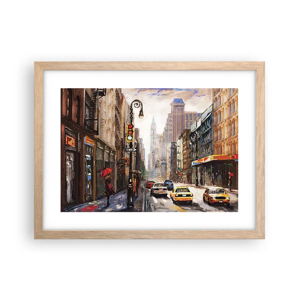 Poster in einem Rahmen aus heller Eiche - New York - auch im Regen bunt - 40x30 cm