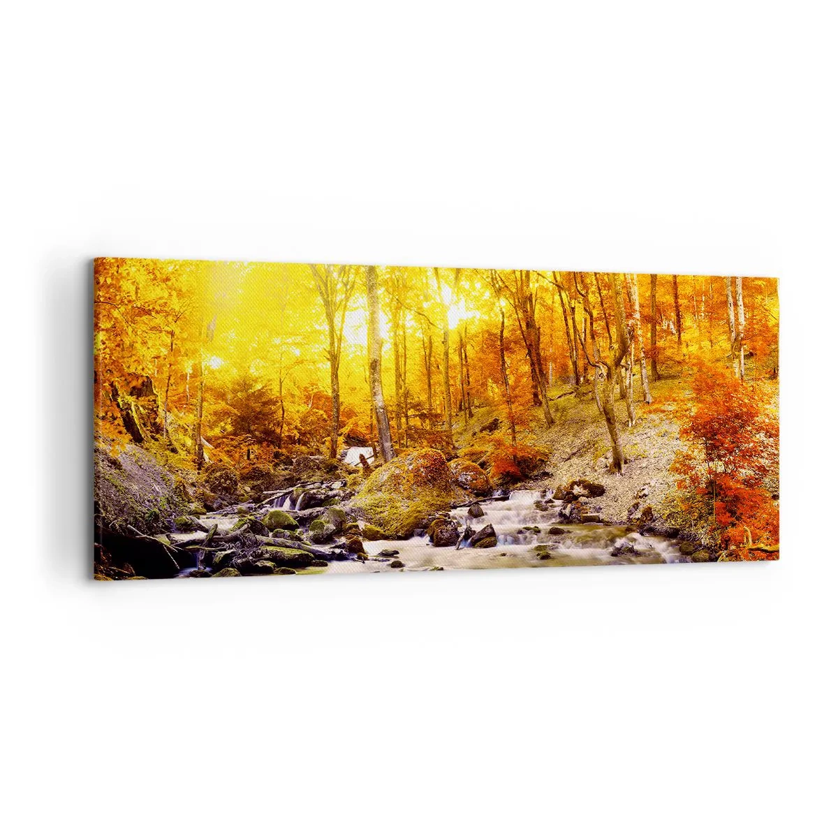 Bild auf Leinwand - Leinwandbild - Herbstwald mit einem Bach zwischen goldenen Blättern - 120x50cm - In Gold und Platin gefasste Steine - Moderne Wanddekoration für Wohnzimmer und Schlafzimmer ARTTOR