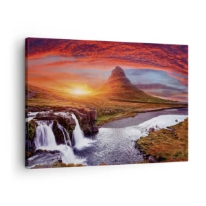 Bild auf Leinwand - Leinwandbild - Berglandschaft mit Wasserfall bei Sonnenuntergang - 70x50cm - Ein Blick auf Mittelerde - Moderne Wanddekoration für Wohnzimmer und Schlafzimmer ARTTOR