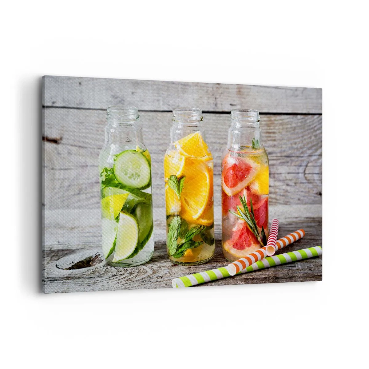 Bild auf Leinwand - Leinwandbild - Flaschen mit Fruchtwasser und Kräutern auf einem hölzernen Hintergrund - 120x80cm - Von Natur aus gesund - Moderne Wanddekoration für Wohnzimmer und Schlafzimmer ARTTOR