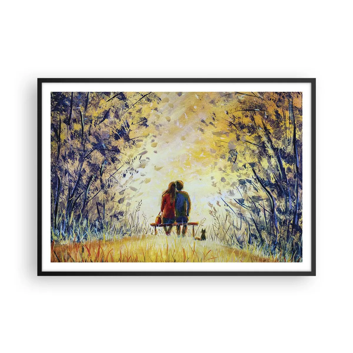 Poster in einem schwarzem Rahmen - Ein Paar sitzt auf einer Bank zwischen herbstlichen Bäumen im Sonnenlicht - 100x70cm - Magischer Augenblick - Moderne Wanddekoration für Wohnzimmer und Schlafzimmer ARTTOR