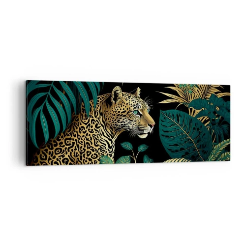Bild auf Leinwand - Leinwandbild - Leopard in tropischen Blättern auf schwarzem Hintergrund - 140x50cm - Gastgeber im Dschungel - Moderne Wanddekoration für Wohnzimmer und Schlafzimmer ARTTOR