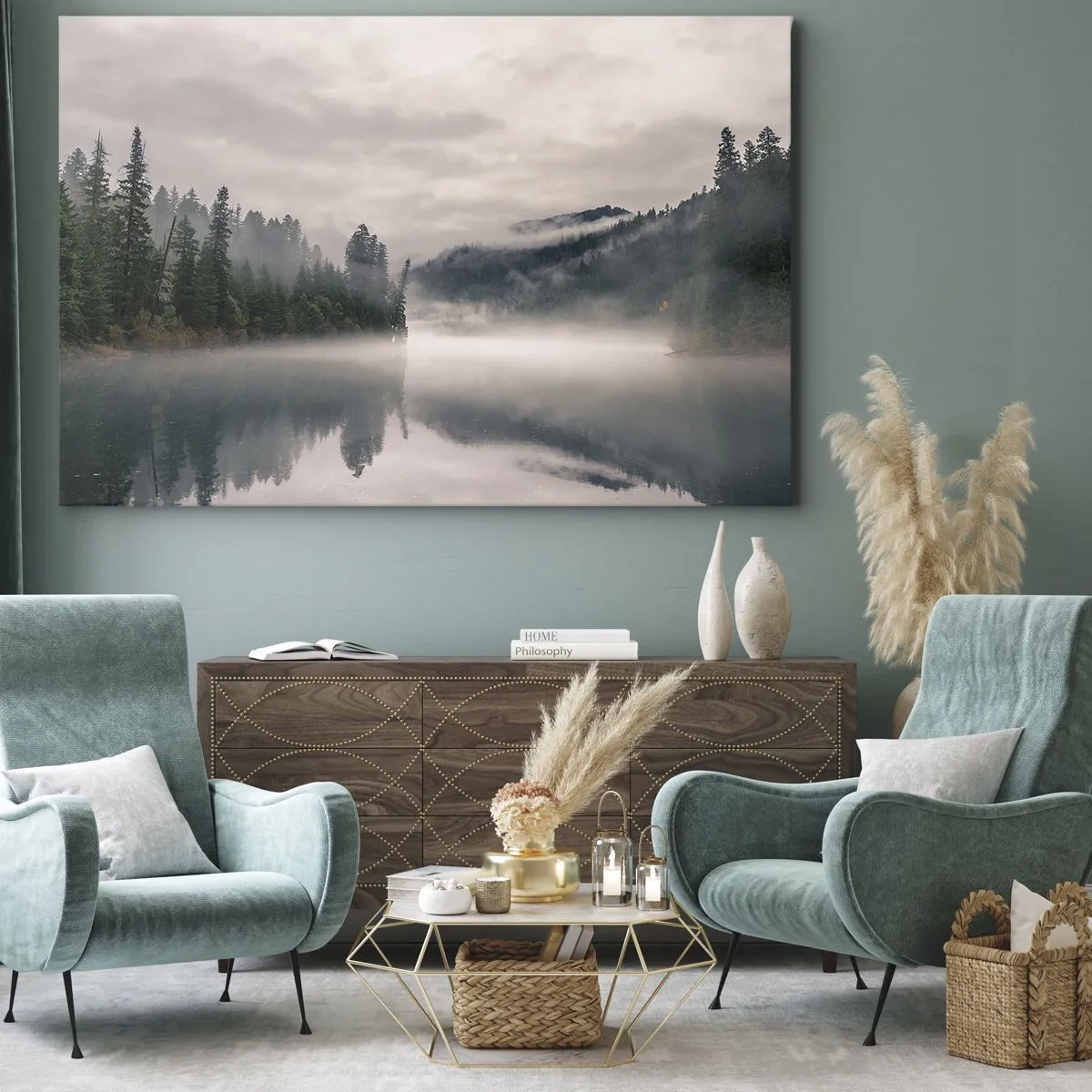 Bild auf Leinwand - Leinwandbild - Ein nebliger Wald spiegelt sich in einem ruhigen See - 70x50cm - In Reflexion, im Nebel - Moderne Wanddekoration für Wohnzimmer und Schlafzimmer ARTTOR