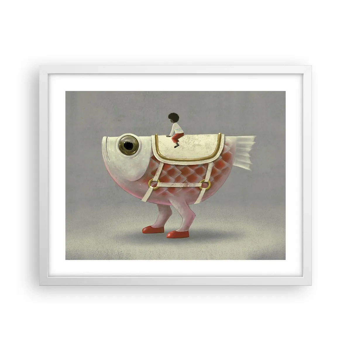Poster in einem weißen Rahmen - Reiter auf einem surrealen Fisch - 50x40 cm
