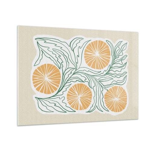 Glasbild - Bild auf glas - Orangefarbene Früchte und grüne Blätter in einer grafischen Komposition - 100x70cm - Ethnisch mit einem Hauch von Abstraktion - Moderne Wanddekoration für Wohnzimmer und Schlafzimmer ARTTOR