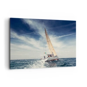 Bild auf Leinwand - Leinwandbild - Ein Segelboot auf stürmischer See unter blauem Himmel - 100x70cm - Sie werden uns nicht einholen! - Moderne Wanddekoration für Wohnzimmer und Schlafzimmer ARTTOR