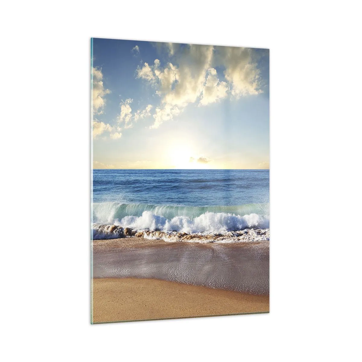 Glasbild - Bild auf glas - Meereswellen brechen bei Sonnenaufgang an einem goldenen Strand - 50x70cm - Bewegung und Stille zugleich - Moderne Wanddekoration für Wohnzimmer und Schlafzimmer ARTTOR