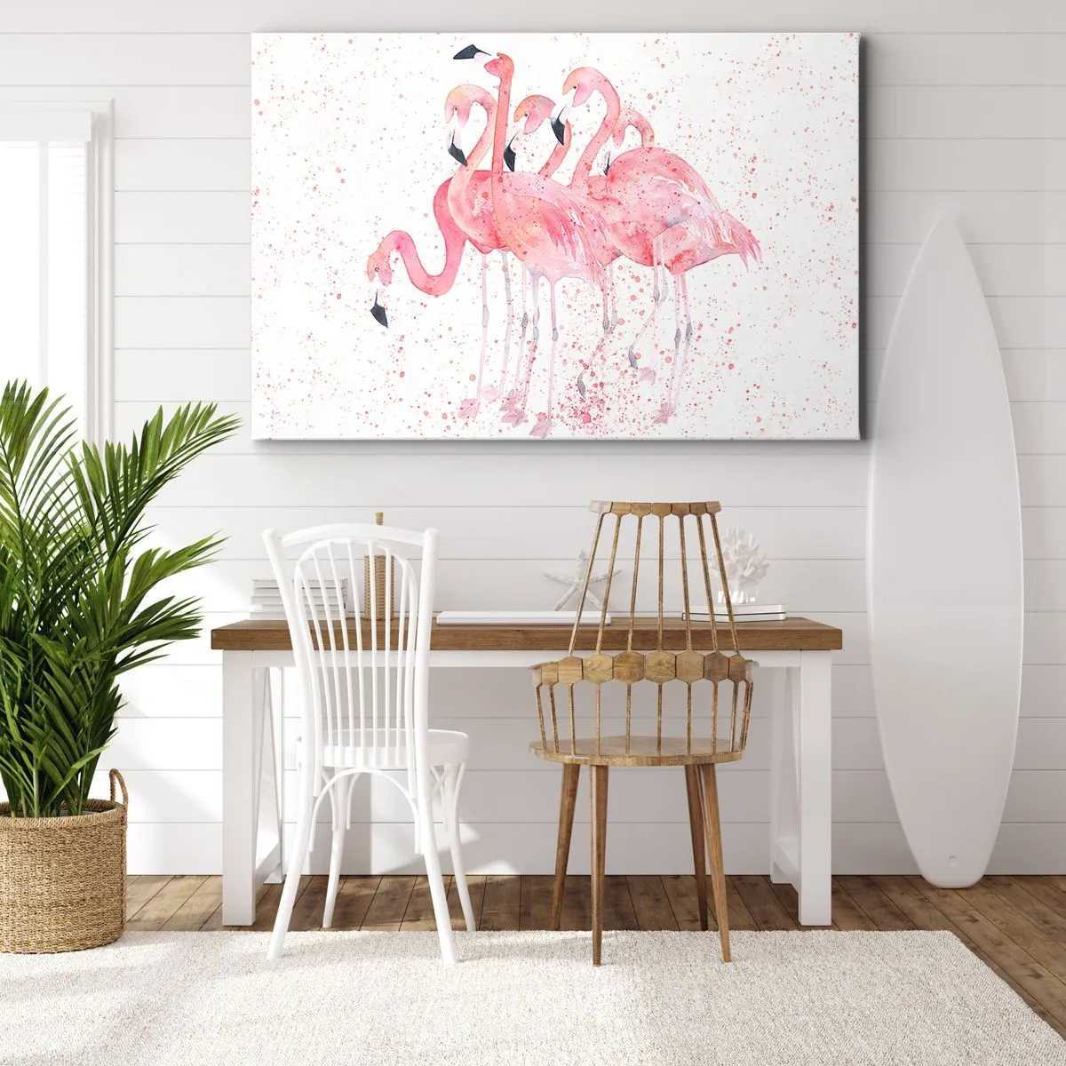 Bild auf Leinwand - Leinwandbild - Rosa Flamingos im künstlerischen Aquarellstil - 70x50cm - Rosa Ensemble - Moderne Wanddekoration für Wohnzimmer und Schlafzimmer ARTTOR