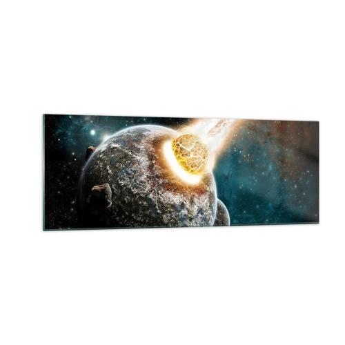 Glasbild - Bild auf glas - Kosmische Kollision eines Planeten mit einem Asteroiden in der Nähe der Galaxie. - 140x50cm - Holocaust oder Geburt? - Moderne Wanddekoration für Wohnzimmer und Schlafzimmer ARTTOR