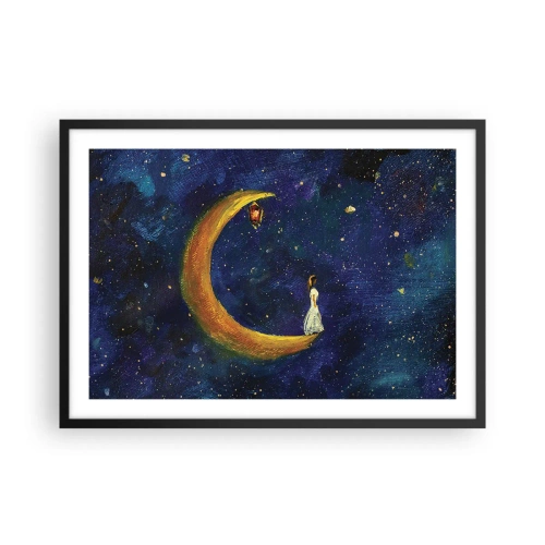 Poster in einem schwarzem Rahmen - Ein Mädchen steht auf dem Mond in einem Sternenhimmel - 70x50cm - Der Ruf der Welt - Moderne Wanddekoration für Wohnzimmer und Schlafzimmer ARTTOR
