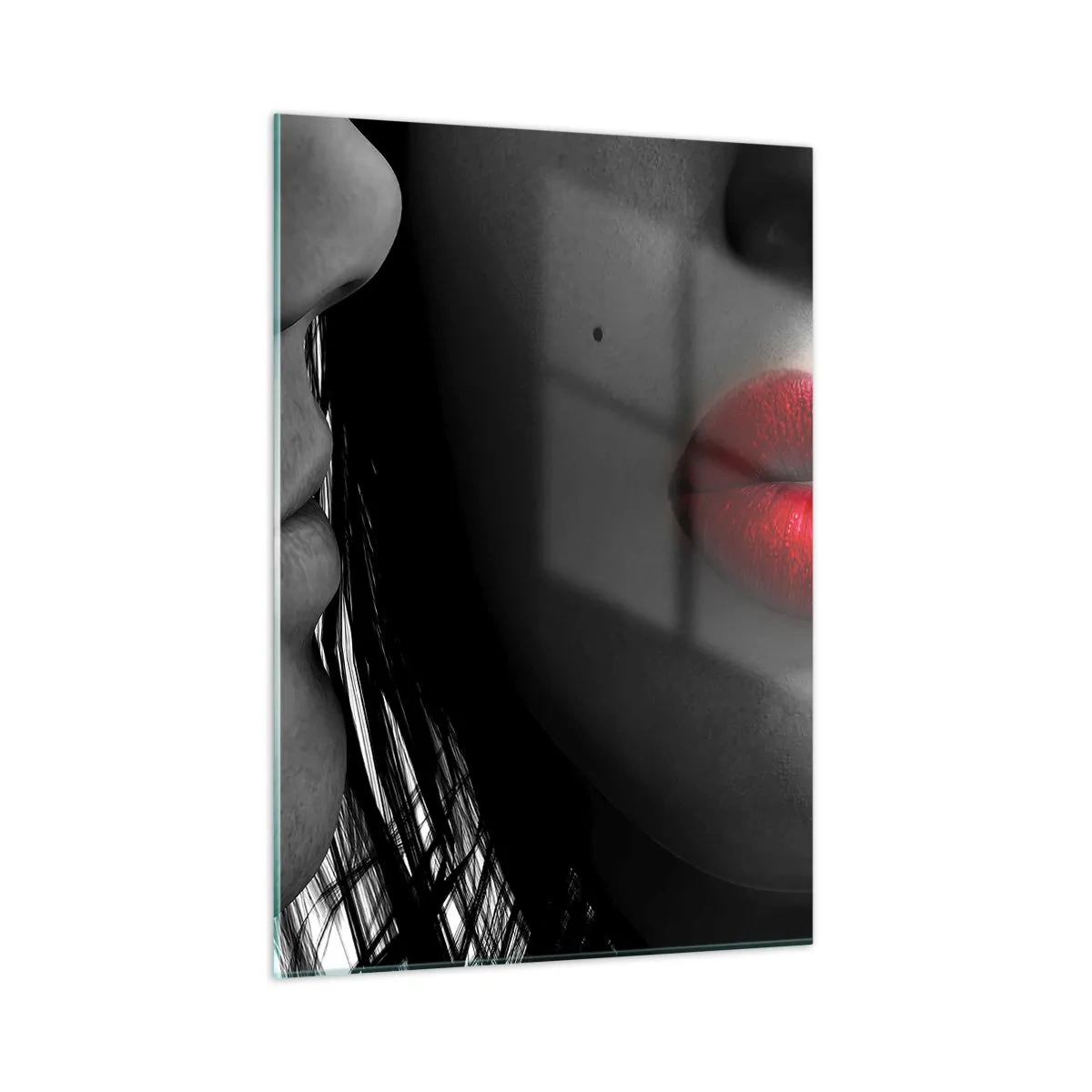 Glasbild - Bild auf glas - Sinnliche Lippen in einer kontrastreichen Aufnahme - 50x70cm - Gesicht am Gesicht - Moderne Wanddekoration für Wohnzimmer und Schlafzimmer ARTTOR