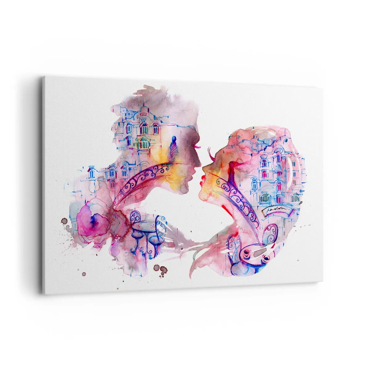 Bild auf Leinwand - Leinwandbild - Ein romantisches Aquarell, das die Silhouetten von Liebenden darstellt - 120x80cm - Die geheime Seufzerbrücke - Moderne Wanddekoration für Wohnzimmer und Schlafzimmer ARTTOR