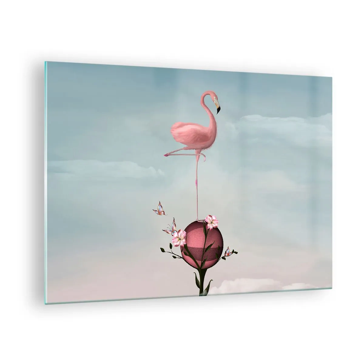 Glasbild - Bild auf glas - Ein rosa Flamingo steht auf einer dekorativen Kugel mit Blumen und Schmetterlingen. - 70x50cm - Basketball-Allegorie - Moderne Wanddekoration für Wohnzimmer und Schlafzimmer ARTTOR
