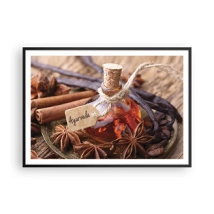 Poster in einem schwarzem Rahmen - Eine Flasche Gewürzöl auf einem Tablett - 100x70cm - Zur Einheit von Körper und Geist - Moderne Wanddekoration für Wohnzimmer und Schlafzimmer ARTTOR