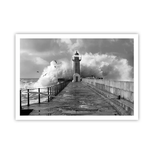 Poster - Ein Leuchtturm, umgeben von Wellen während eines Sturms - 100x70cm - Furchtlos - Moderne Wanddekoration für Wohnzimmer und Schlafzimmer ARTTOR