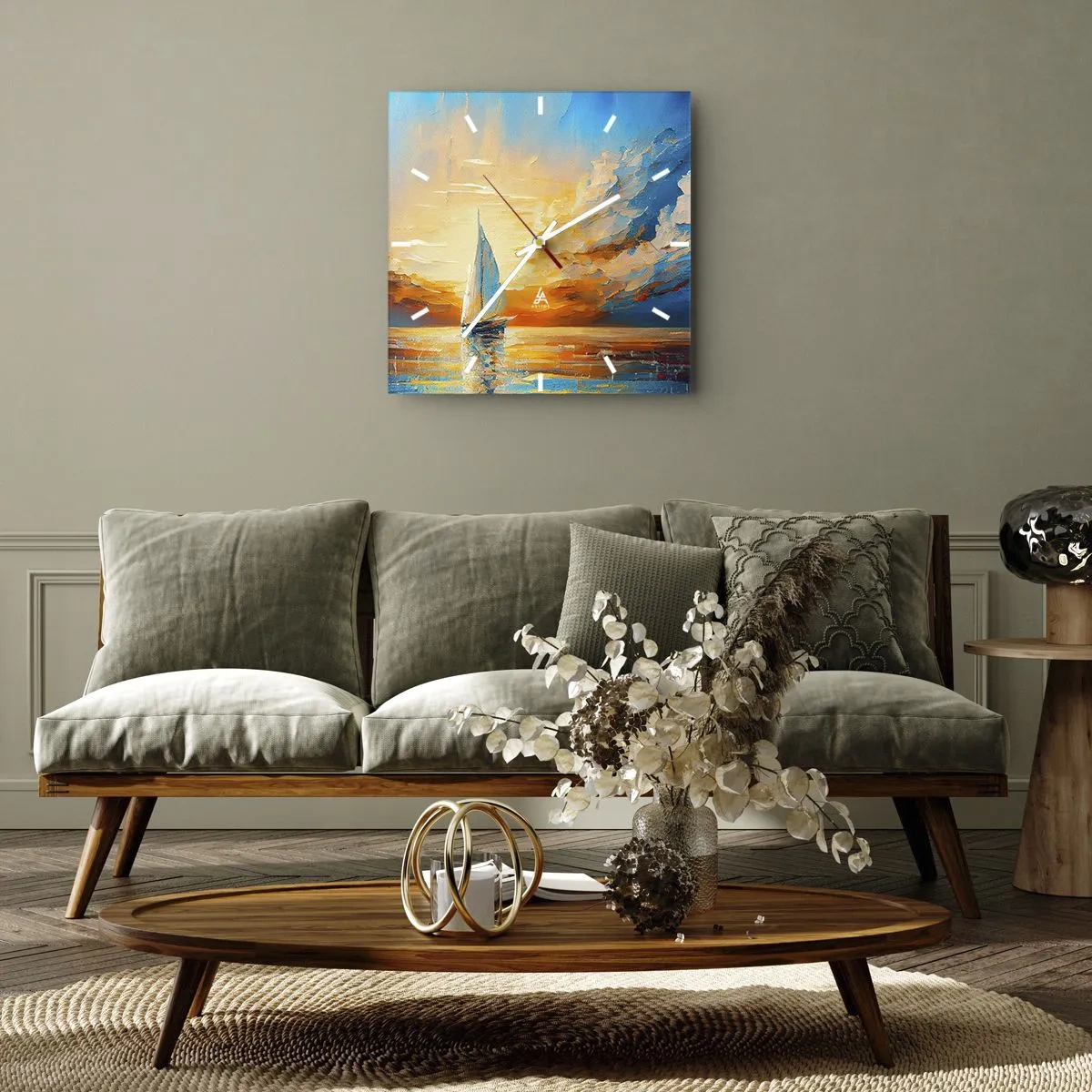 Wanduhr - Glasuhr - Ein Segelboot vor der Kulisse der untergehenden Sonne und bunten Wolken - 30x30cm - In Gold segeln - Moderne Wanddekoration für Wohnzimmer und Schlafzimmer ARTTOR