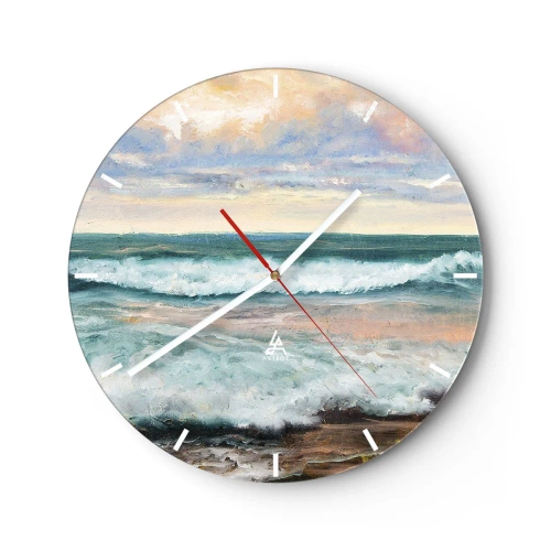 Wanduhr - Glasuhr - Meereswellen vor einem pastellfarbenen Himmel im malerischen Stil - 30x30cm - Hier werden Sie Ihre Seele baumeln lassen - Moderne Wanddekoration für Wohnzimmer, Küche und Schlafzimmer ARTTOR