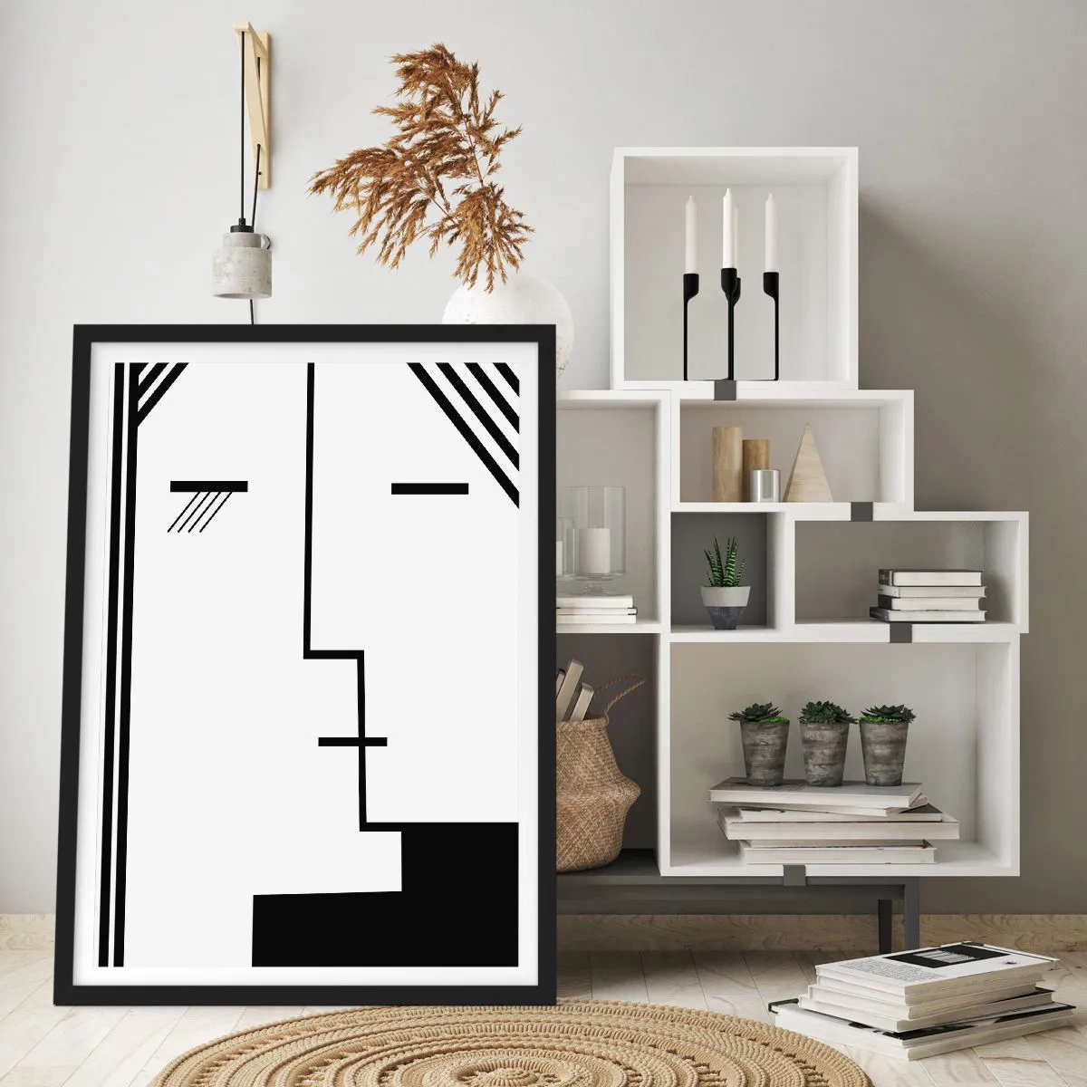 Poster in einem schwarzem Rahmen - Ein minimalistisches, abstraktes Gesicht im Schwarz-Weiß-Stil. - 50x70cm - Einfach ein Kuss - Moderne Wanddekoration für Wohnzimmer und Schlafzimmer ARTTOR