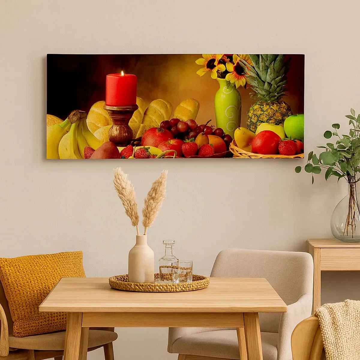 Bild auf Leinwand - Leinwandbild - Stillleben mit Brot und Obst - 100x40 cm