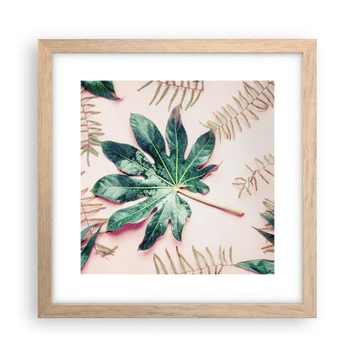 Poster in einem Rahmen aus heller Eiche - Eine Studie von Grün auf einem rosa Hintergrund - 30x30 cm