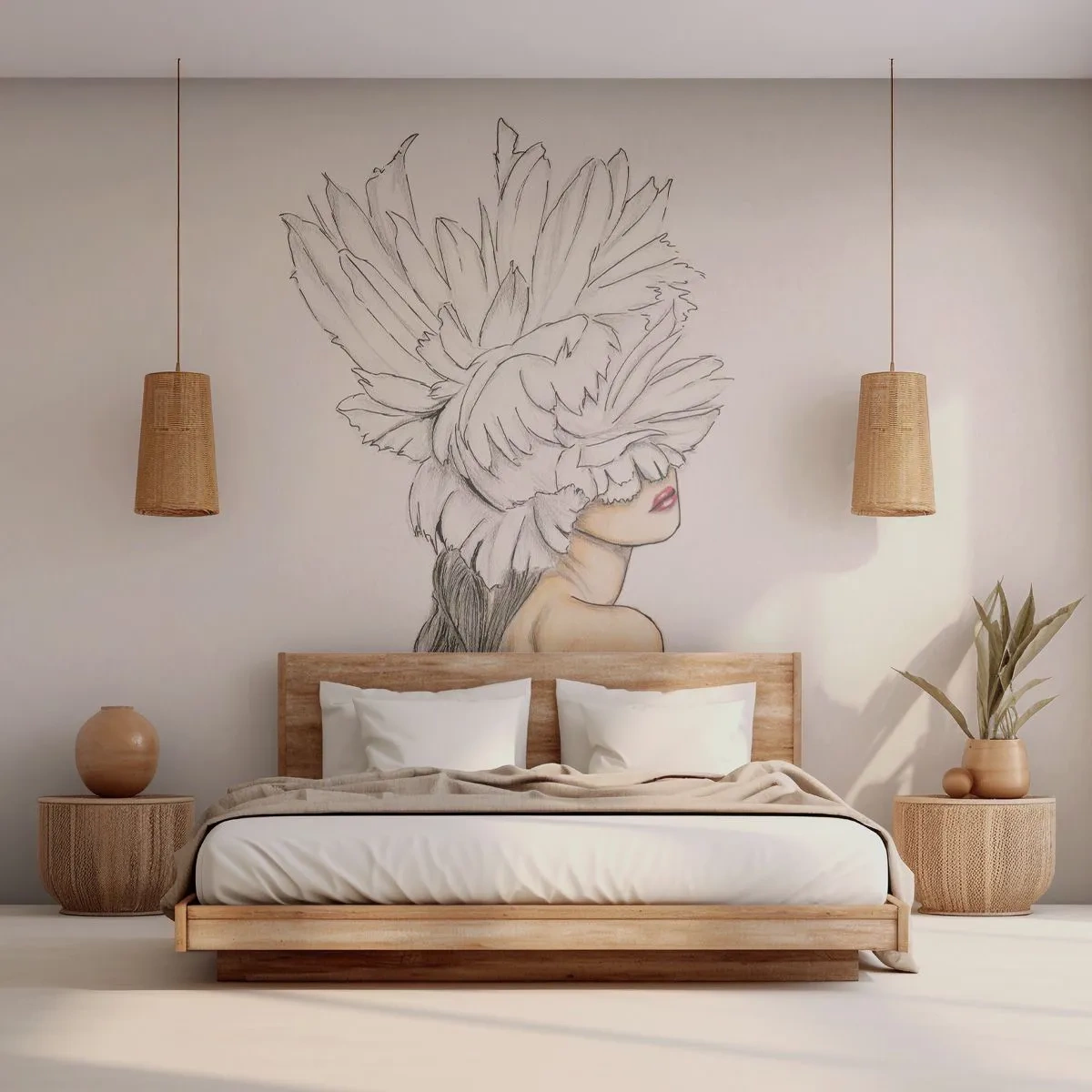 Fototapete Premium Sand - Skizze einer Frau mit einem Federkopfschmuck, der ihre Augen bedeckt - 100x70cm - Gekrönte Schönheit - Moderne Wanddekoration für Wohnzimmer und Schlafzimmer ARTTOR