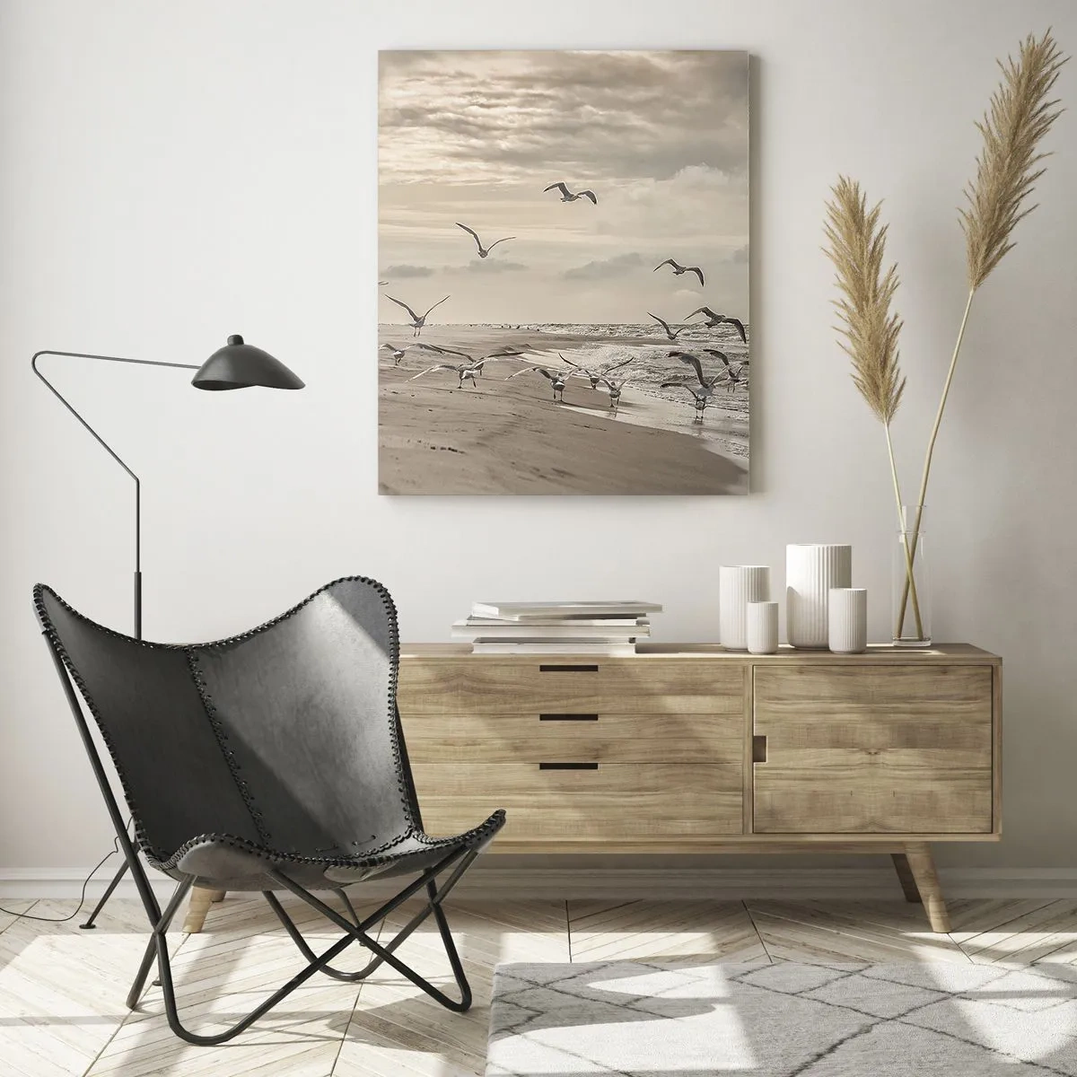 Glasbild - Bild auf glas - Eine Möwe im Flug über einer Küstenlandschaft - 70x100cm - Meeresrauschen, Vogelgesang - Moderne Wanddekoration für Wohnzimmer und Schlafzimmer ARTTOR