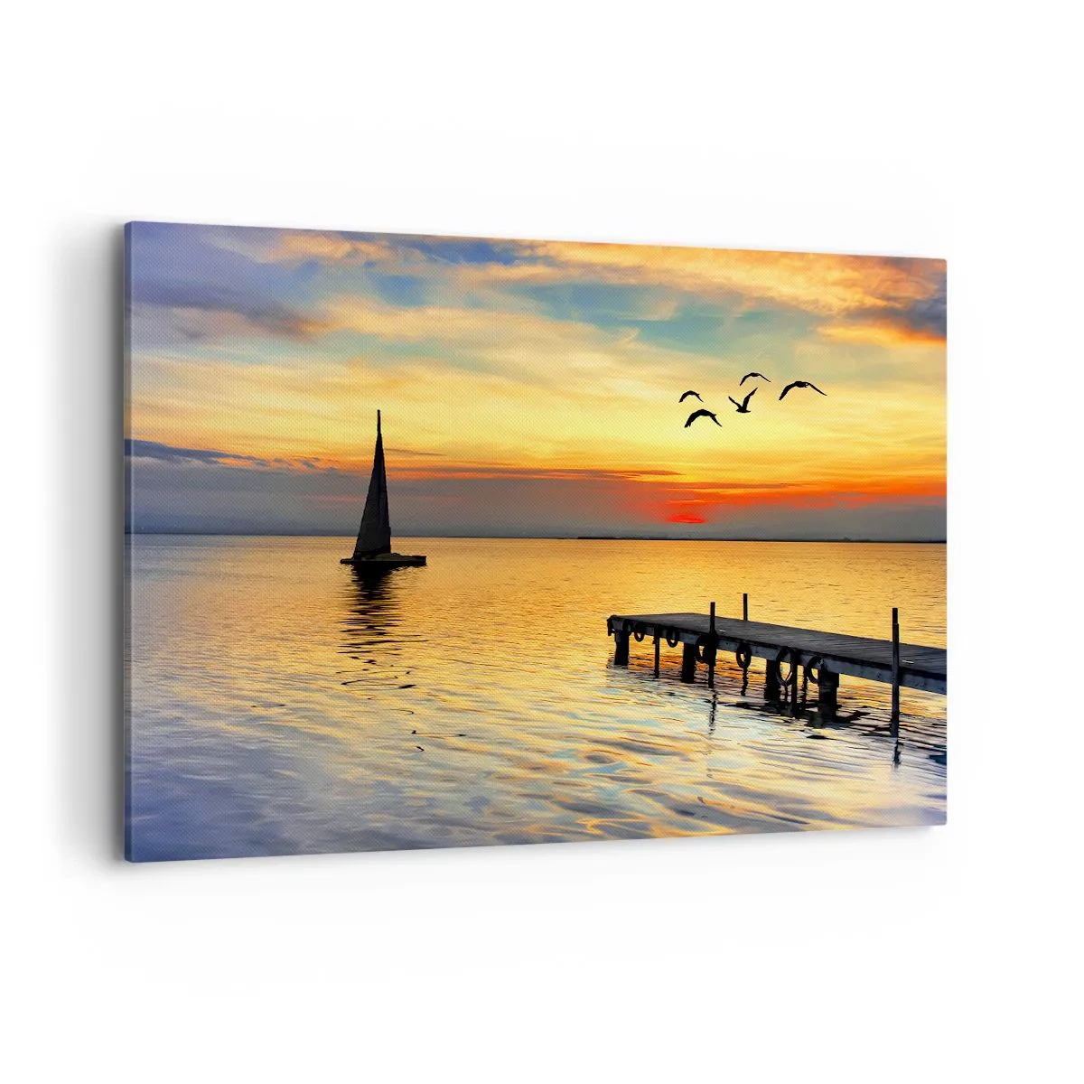 Bild auf Leinwand - Leinwandbild - Sonnenuntergang mit einem Segelboot und Pier auf einem ruhigen See - 120x80cm - Abendrückkehr - Moderne Wanddekoration für Wohnzimmer und Schlafzimmer ARTTOR