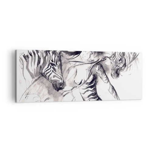 Bild auf Leinwand - Leinwandbild - Eine Frau in einem dynamischen Tanz mit Zebras in einer Schwarz-Weiß-Ästhetik - 140x50cm - Tanzen mit den Zebras - Moderne Wanddekoration für Wohnzimmer und Schlafzimmer ARTTOR