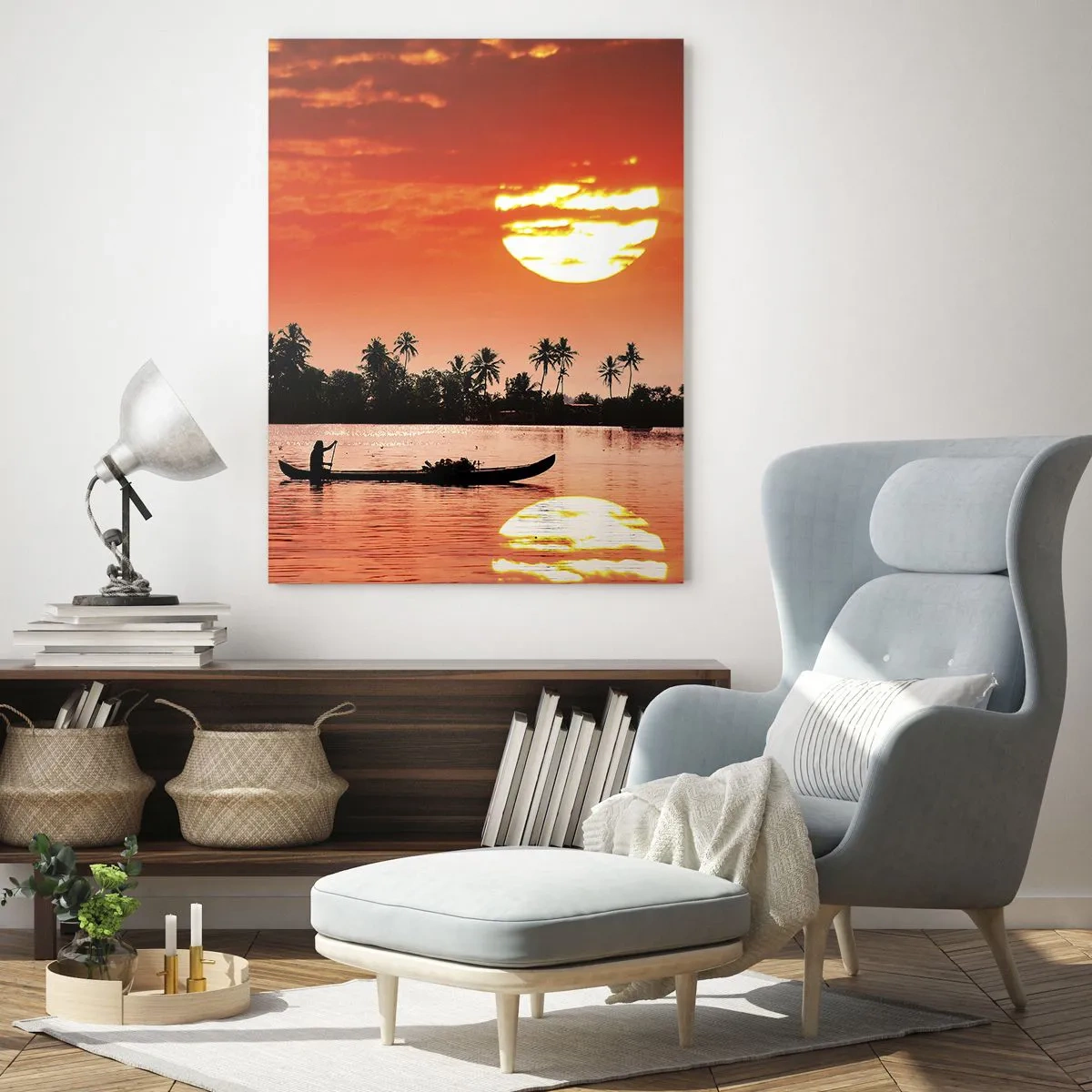 Glasbild - Bild auf glas - Tropischer Sonnenuntergang mit einem Boot und Palmen im Hintergrund - 70x100cm - Die Ruhe der Tropen bei Sonnenuntergang - Moderne Wanddekoration für Wohnzimmer und Schlafzimmer ARTTOR