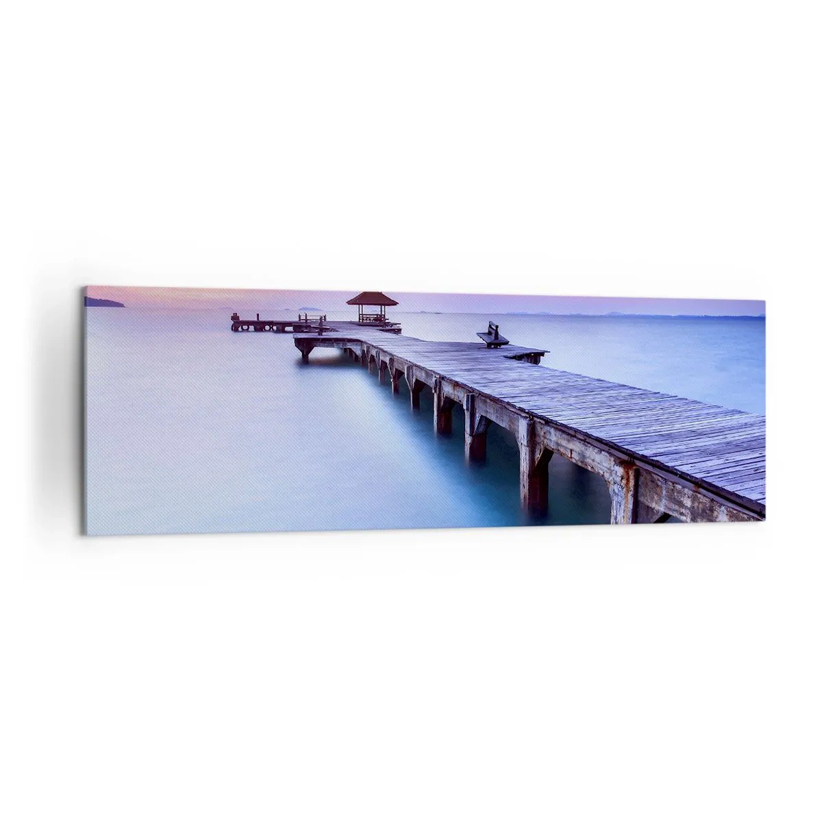 Bild auf Leinwand - Leinwandbild - Holzsteg, der bei Sonnenuntergang auf das Wasser hinausführt - 160x50cm - Ein Meer der Ruhe bis zum Horizont - Moderne Wanddekoration für Wohnzimmer und Schlafzimmer ARTTOR