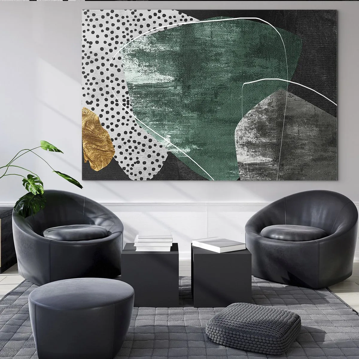 Glasbild - Bild auf glas - Grüne Formen mit schwarzem Hintergrund und goldenem Akzent - 100x70cm - Bunte Abstraktion mit Blattgold - Moderne Wanddekoration für Wohnzimmer und Schlafzimmer ARTTOR