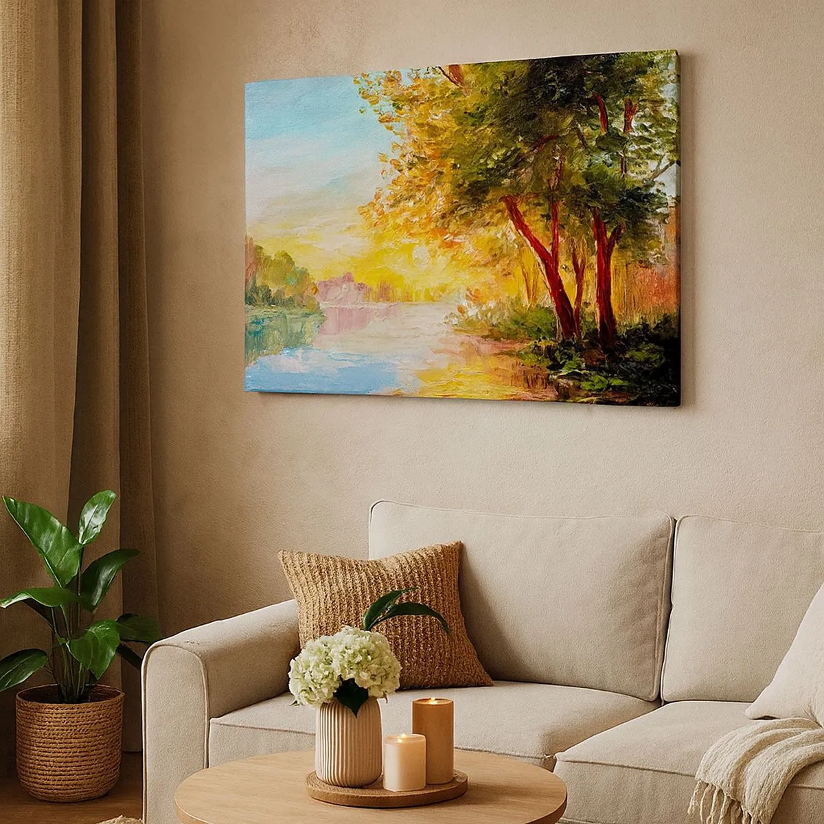 Bild auf Leinwand - Leinwandbild - Eine malerische Landschaft mit einem Fluss und Bäumen bei Sonnenuntergang - 70x50cm - Et in Arcadia ego - Moderne Wanddekoration für Wohnzimmer und Schlafzimmer ARTTOR