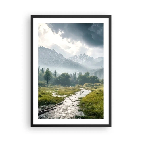 Poster in einem schwarzem Rahmen - Ein Gebirgstal mit einem Fluss und majestätischen Bergen im Hintergrund - 50x70cm - Hin und zurück - Moderne Wanddekoration für Wohnzimmer und Schlafzimmer ARTTOR