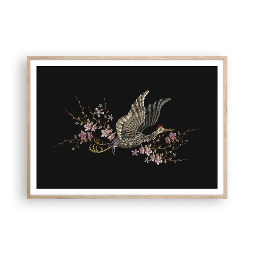 Poster in einem Rahmen aus heller Eiche - Exotischer gestickter Vogel - 100x70 cm