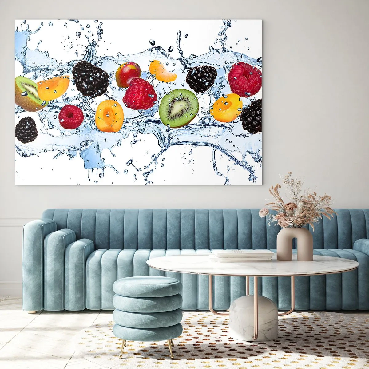 Glasbild - Bild auf glas - Bunte Früchte im Wasser auf weißem Hintergrund - 70x50cm - Viel Spaß mit uns - Moderne Wanddekoration für Wohnzimmer und Schlafzimmer ARTTOR