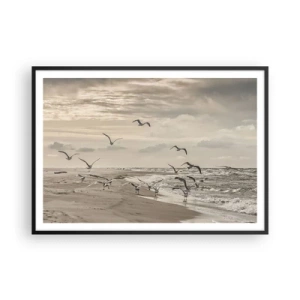 Poster in einem schwarzem Rahmen - Eine Möwe im Flug über einer Küstenlandschaft - 100x70cm - Meeresrauschen, Vogelgesang - Moderne Wanddekoration für Wohnzimmer und Schlafzimmer ARTTOR