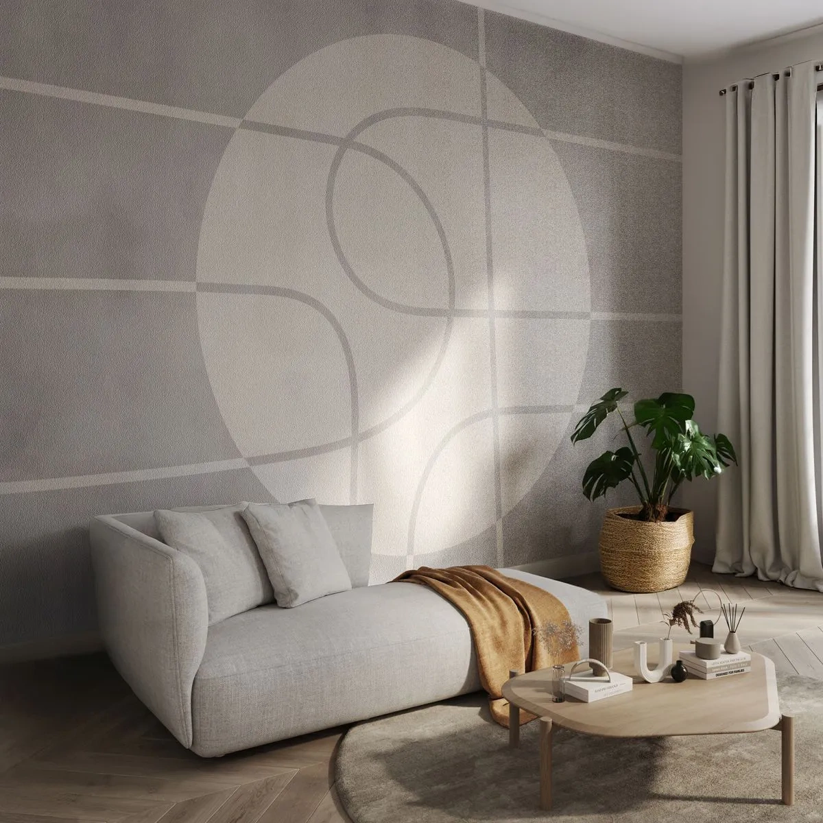 Fototapete Premium Sand - Kreisförmig und geradeaus - Hell, Minimalistisch, Rad - 300x210 cm