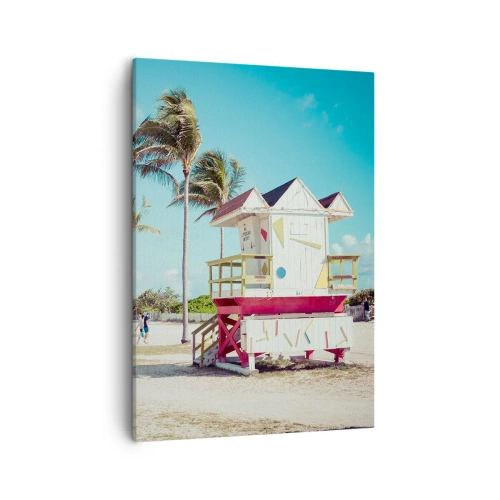 Bild auf Leinwand - Leinwandbild - Ein Strand mit Palmen und einem Rettungsschwimmerturm im Hintergrund - 50x70cm - Dir steht ein schöner Tag bevor - Moderne Wanddekoration für Wohnzimmer und Schlafzimmer ARTTOR