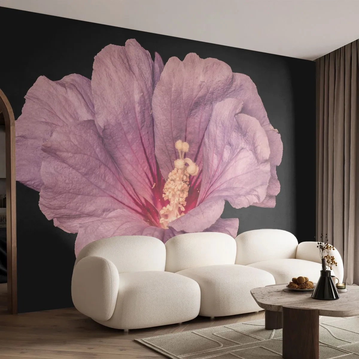 Fototapete Premium Sand - Rosa Hibiskusblüte auf schwarzem Hintergrund - 100x70cm - Direkt ins Herz - Moderne Wanddekoration für Wohnzimmer und Schlafzimmer ARTTOR