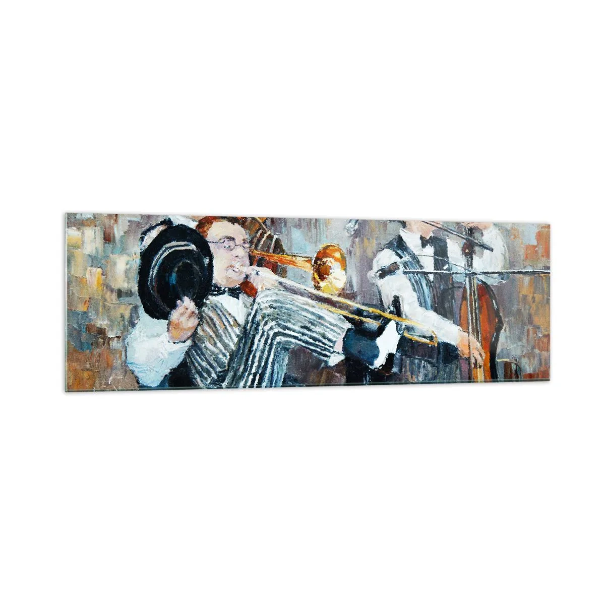 Glasbild - Bild auf glas - Jazzmusiker im malerischen Stil während eines Konzerts - 160x50cm - Der ganze Jazz - Moderne Wanddekoration für Wohnzimmer und Schlafzimmer ARTTOR