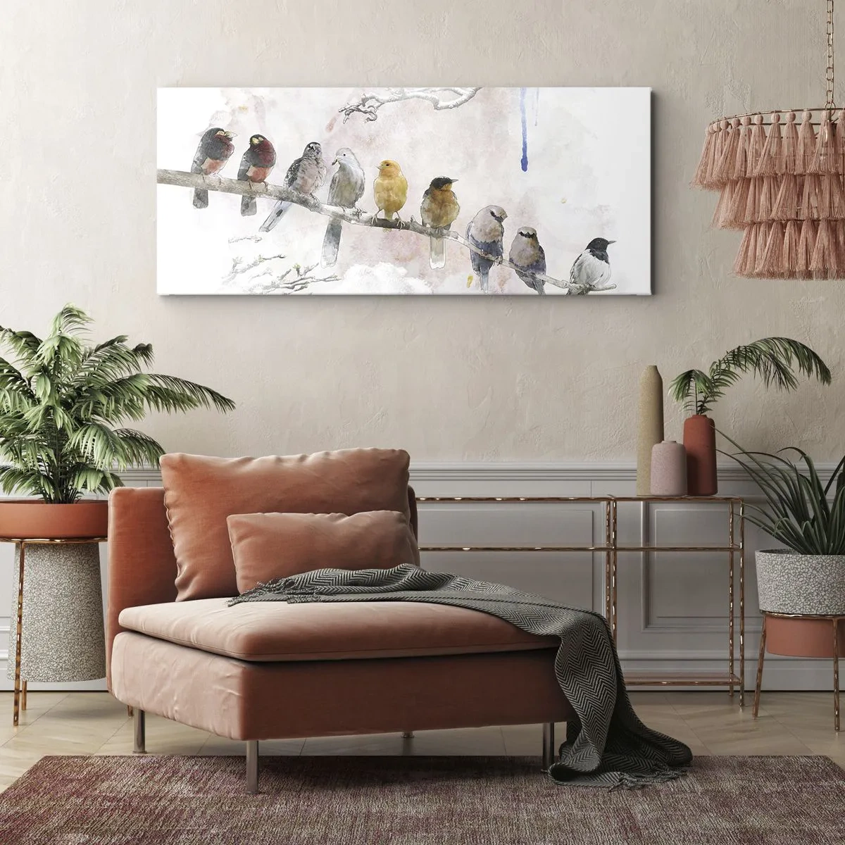 Bild auf Leinwand - Leinwandbild - Bunte Vögel auf einem Ast im Aquarellstil - 120x50cm - Geflügeltes Treffen - Moderne Wanddekoration für Wohnzimmer und Schlafzimmer ARTTOR