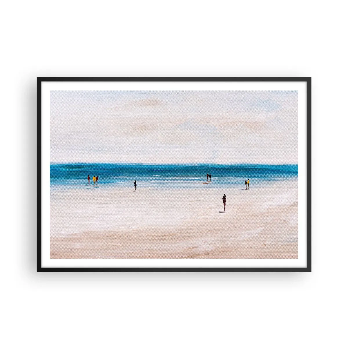 Poster in einem schwarzem Rahmen - Ein Strand mit Menschen vor der Kulisse eines ruhigen Meeres - 100x70cm - Natürliches Bedürfnis - Moderne Wanddekoration für Wohnzimmer und Schlafzimmer ARTTOR