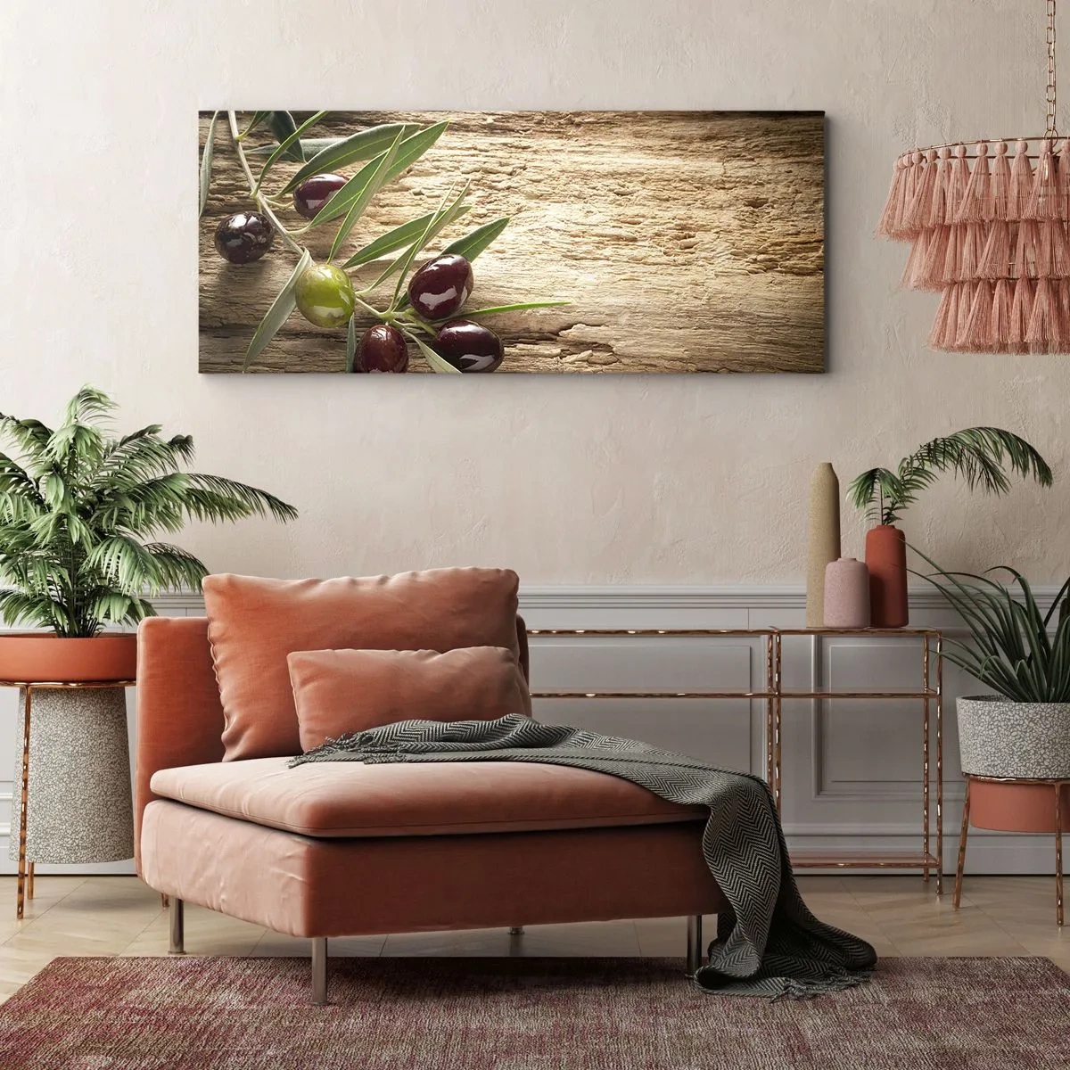 Bild auf Leinwand - Leinwandbild - Olivenzweig mit Früchten auf einem Hintergrund aus gealtertem Holz - 140x50cm - Direkt aus der Natur - Moderne Wanddekoration für Wohnzimmer und Schlafzimmer ARTTOR