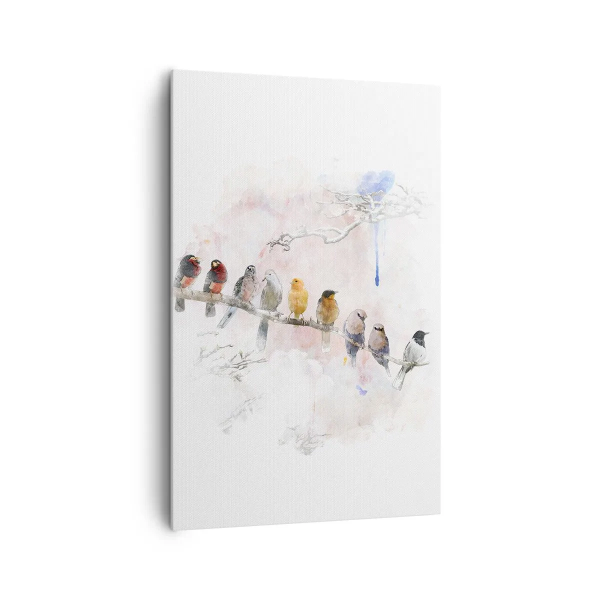 Bild auf Leinwand - Leinwandbild - Bunte Vögel auf einem Ast im Aquarellstil - 80x120cm - Geflügeltes Treffen - Moderne Wanddekoration für Wohnzimmer und Schlafzimmer ARTTOR