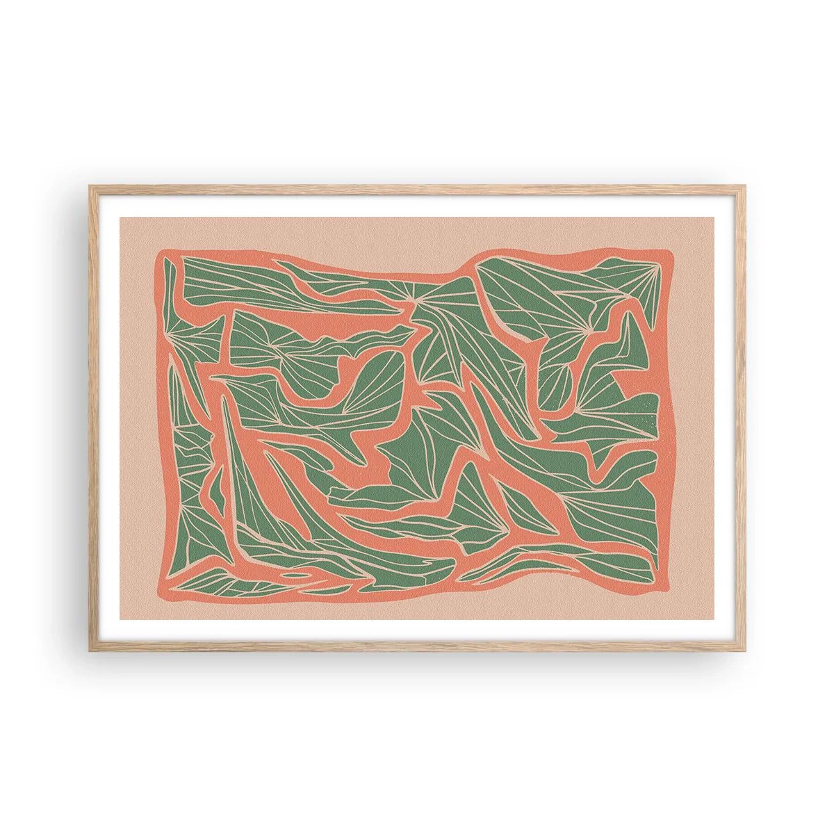 Poster in einem Rahmen aus heller Eiche - Kampf zwischen Korallen und Grün - 100x70 cm