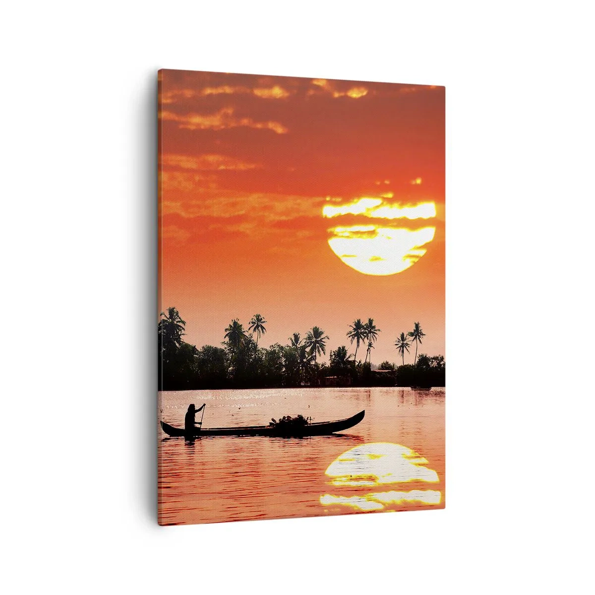 Bild auf Leinwand - Leinwandbild - Tropischer Sonnenuntergang mit einem Boot und Palmen im Hintergrund - 50x70cm - Die Ruhe der Tropen bei Sonnenuntergang - Moderne Wanddekoration für Wohnzimmer und Schlafzimmer ARTTOR