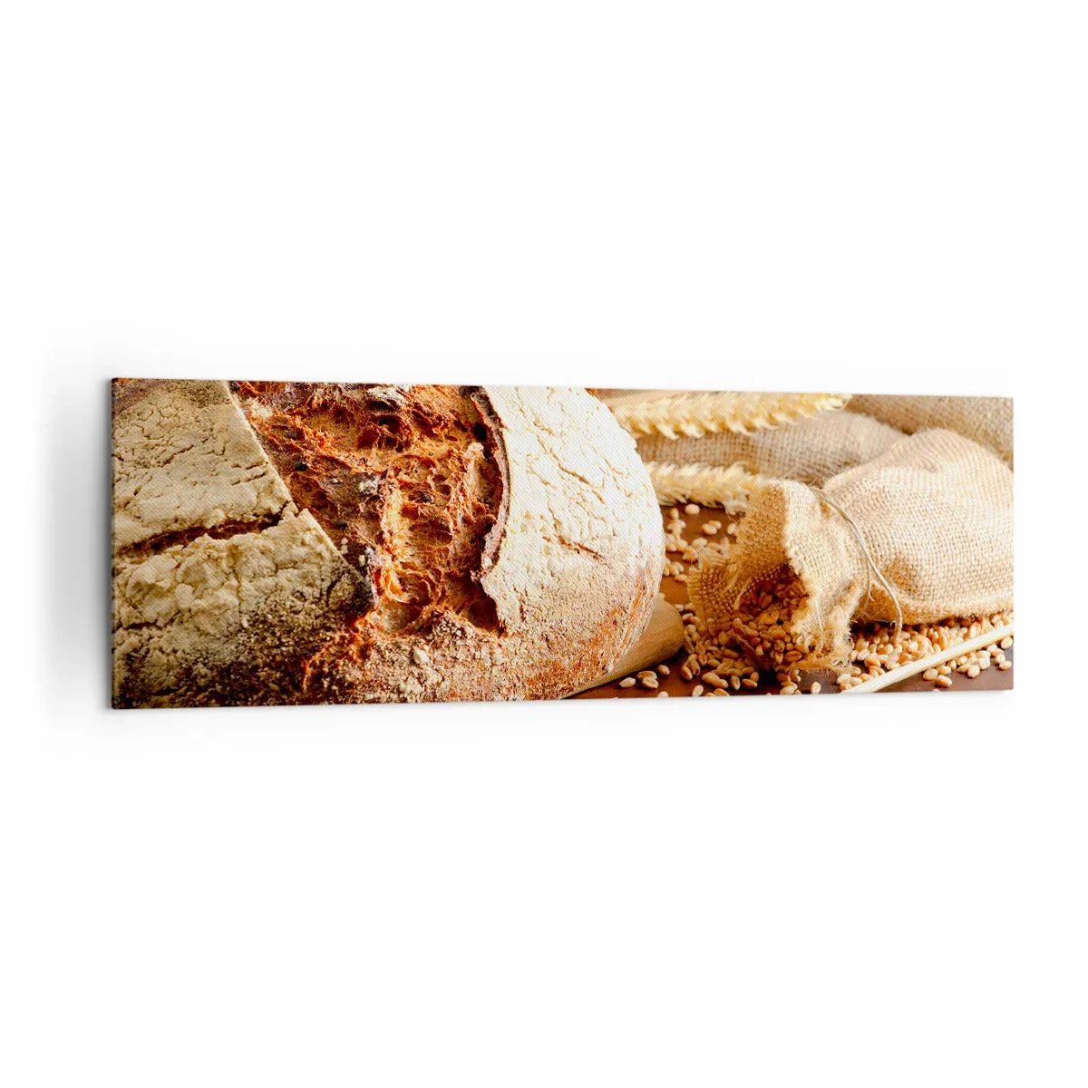Bild auf Leinwand - Leinwandbild - Knuspriges Brot mit Körnern und Weizenähren auf Holzhintergrund - 160x50cm - Appetitanregend, duftend, knackig - Moderne Wanddekoration für Wohnzimmer und Schlafzimmer ARTTOR